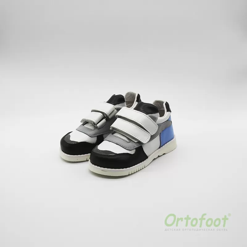 Дитячі ортопедичні кросівки антиварусні 402-J Ortofoot білі, з чорним, синім та сірим кольорами.